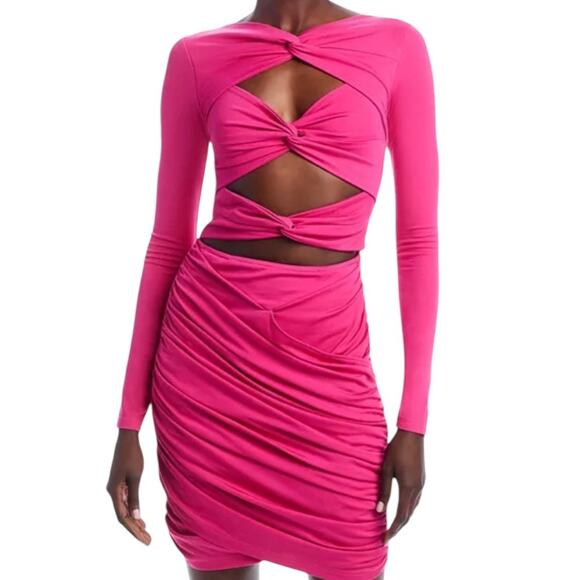 YAURA Fope Twist Front Cutout Dress Hot Pink Ruched Bodycon Club  NEW UK 6 US 2 - Picture 4 of 12